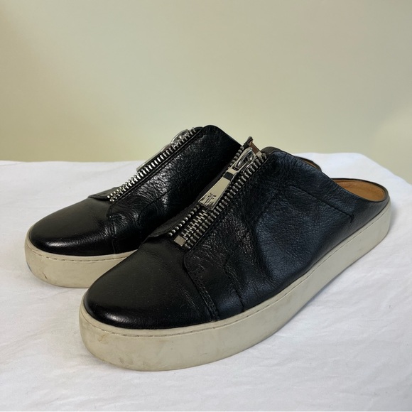 frye leather zip mules